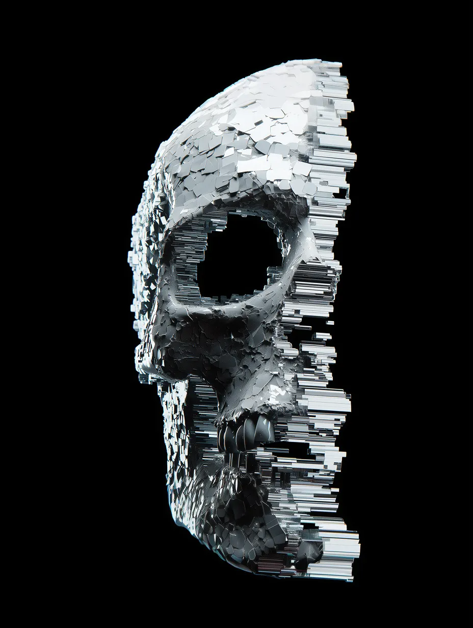 Abstract metallic skull in a dark studio setting