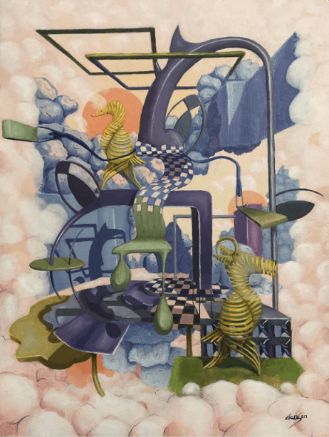 herd of sheep on road painting