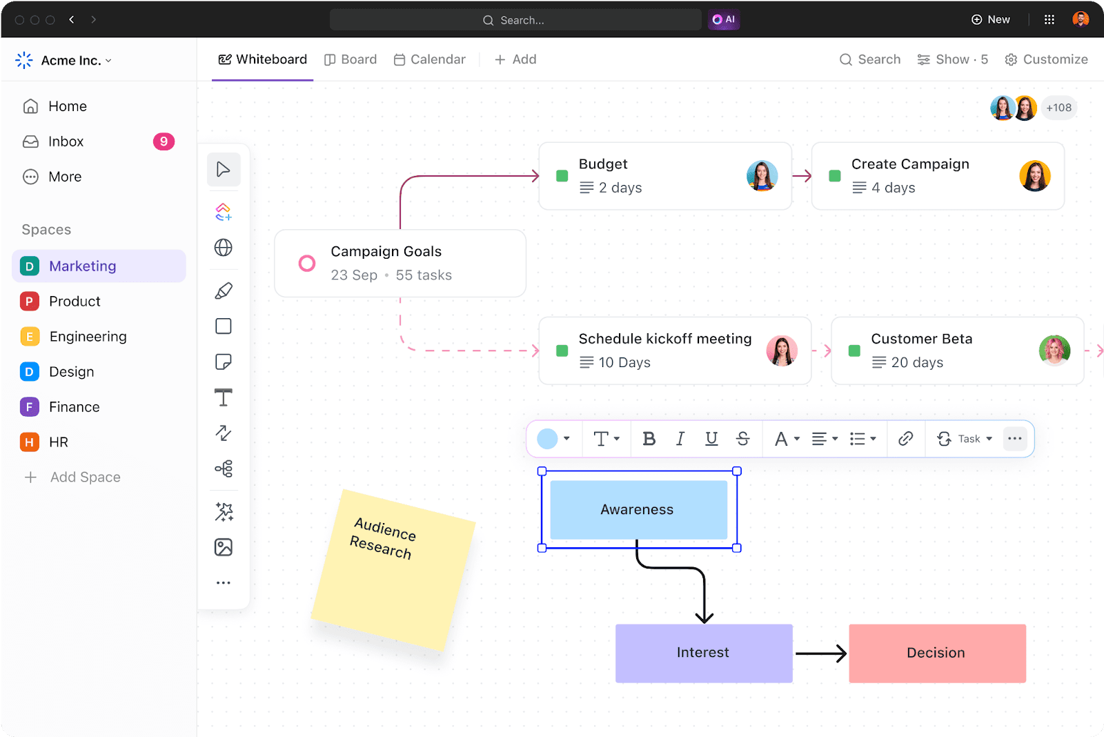 ClickUp's project whiteboard with connected tasks, timelines, and a flowchart diagram.