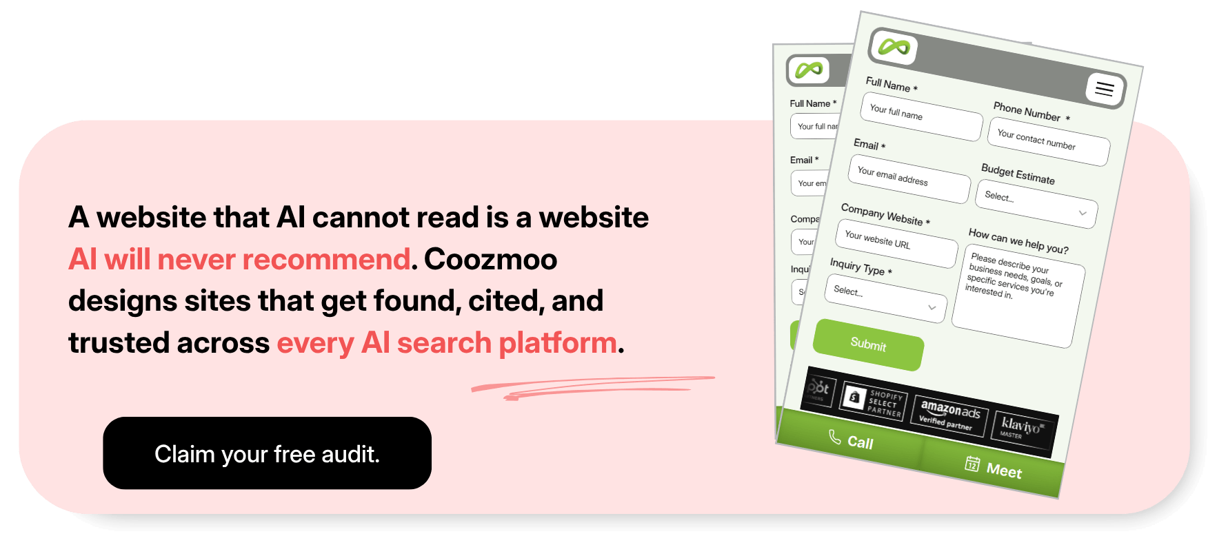 CTA block to claim a free AI Web design Audit from Coozmoo for Web Design services