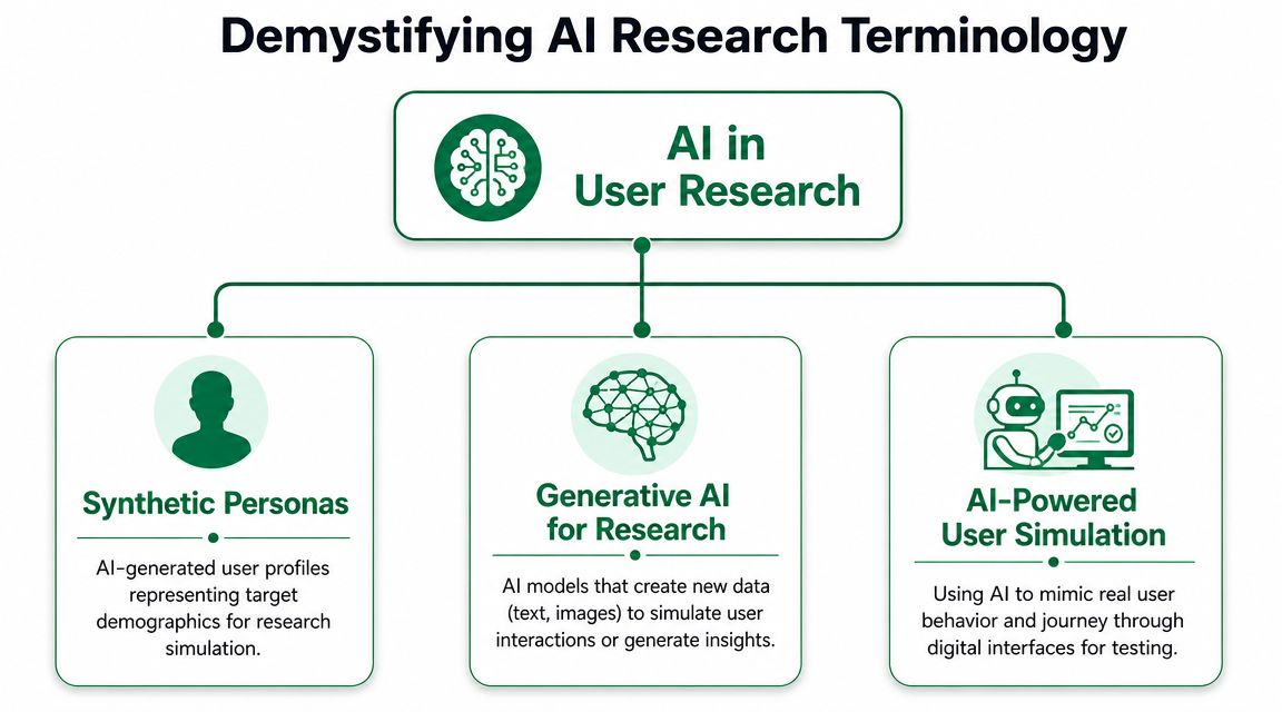 A diagram titled Demystifying AI Research Terminology showing AI in User Research, Synthetic Personas, Generative AI, and User Simulation.