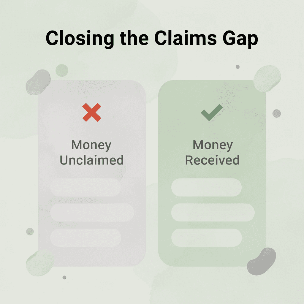 Before and after infographic showing the shift from unclaimed to received money