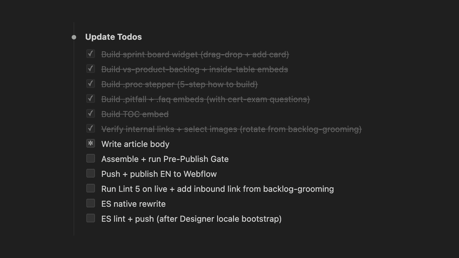 Writing stage checklist: drafting, linting, inbound linking, widgets, images, FAQs, pushing to CMS.
