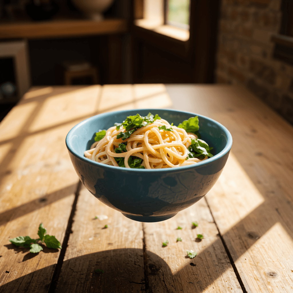 product photography of bowl of noodles with vegetables