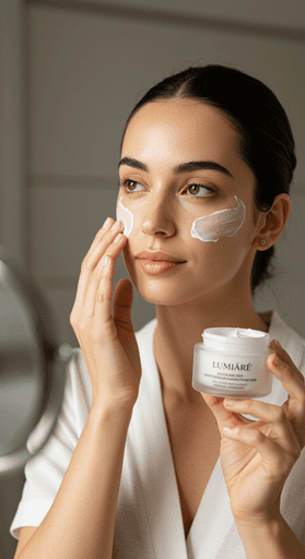 Woman applying face cream from a jar.