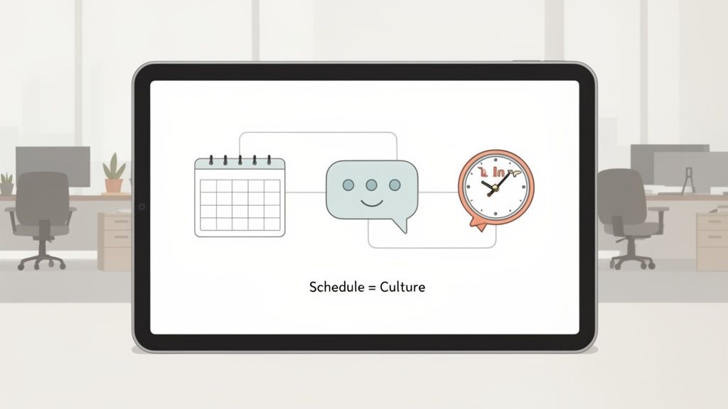 A tablet displays icons of a calendar, a chat bubble, and a clock, connected by lines, with the text 'Schedule = Culture' below, symbolizing work culture and planning.