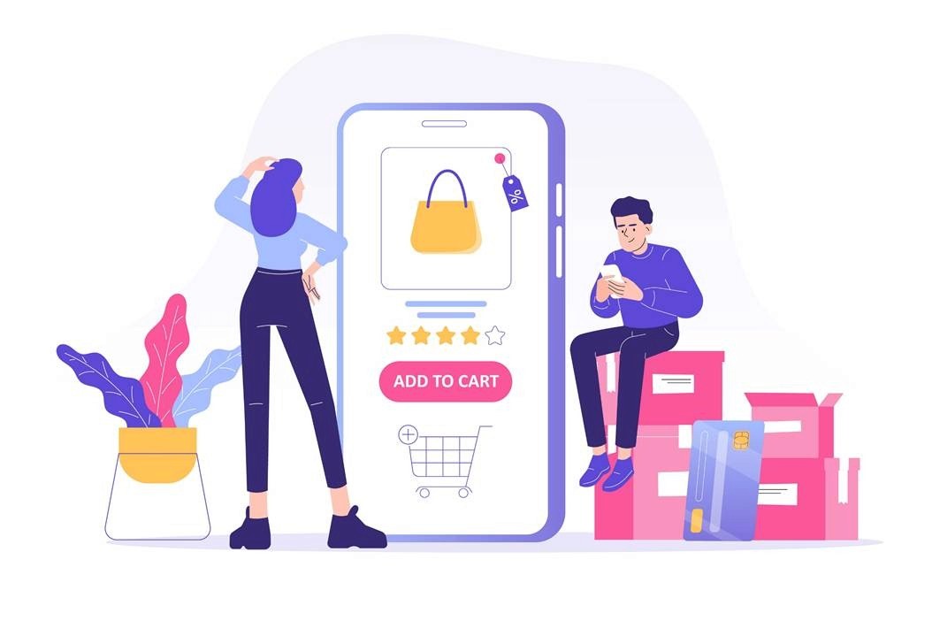 Illustration of two shoppers next to a large smartphone displaying a handbag product page with star ratings and an add-to-cart button, alongside shipping boxes and a credit card.