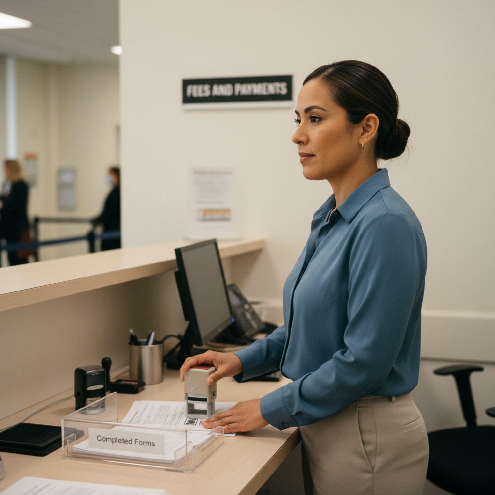 Am Serviceschalter setzt eine Mitarbeiterin einen neutralen Bezahlt-Stempel auf ein Formular und legt es in ein Ablagefach. Ein schlichtes Schild weist auf Gebühren hin. Die Umgebung ist ruhig, die Handlung präzise, der Ablauf wirkt vollständig und abgeschlossen.