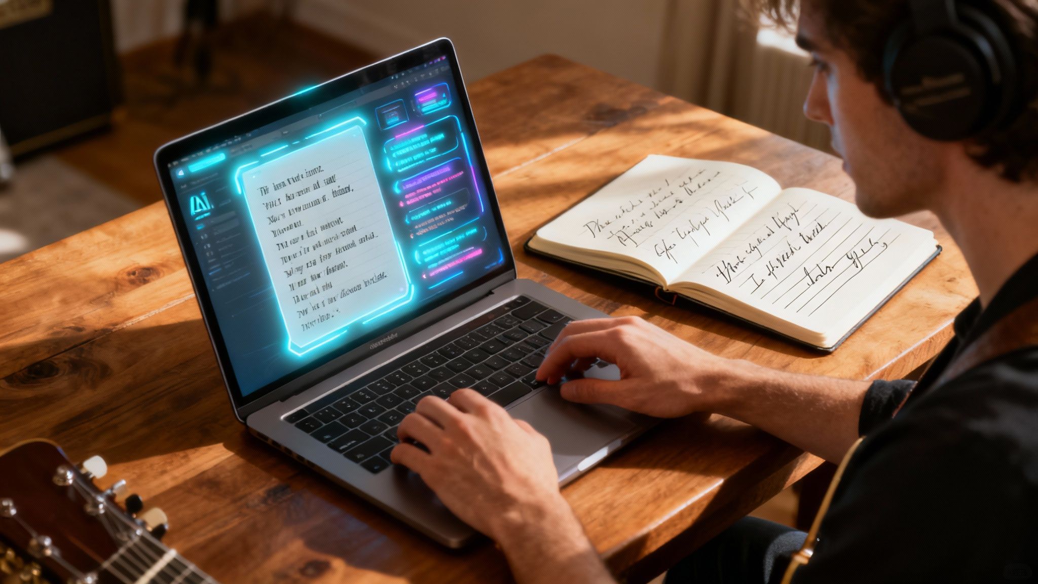 A person writing song lyrics in a notebook with a phone displaying an AI app nearby, suggesting a collaborative process.