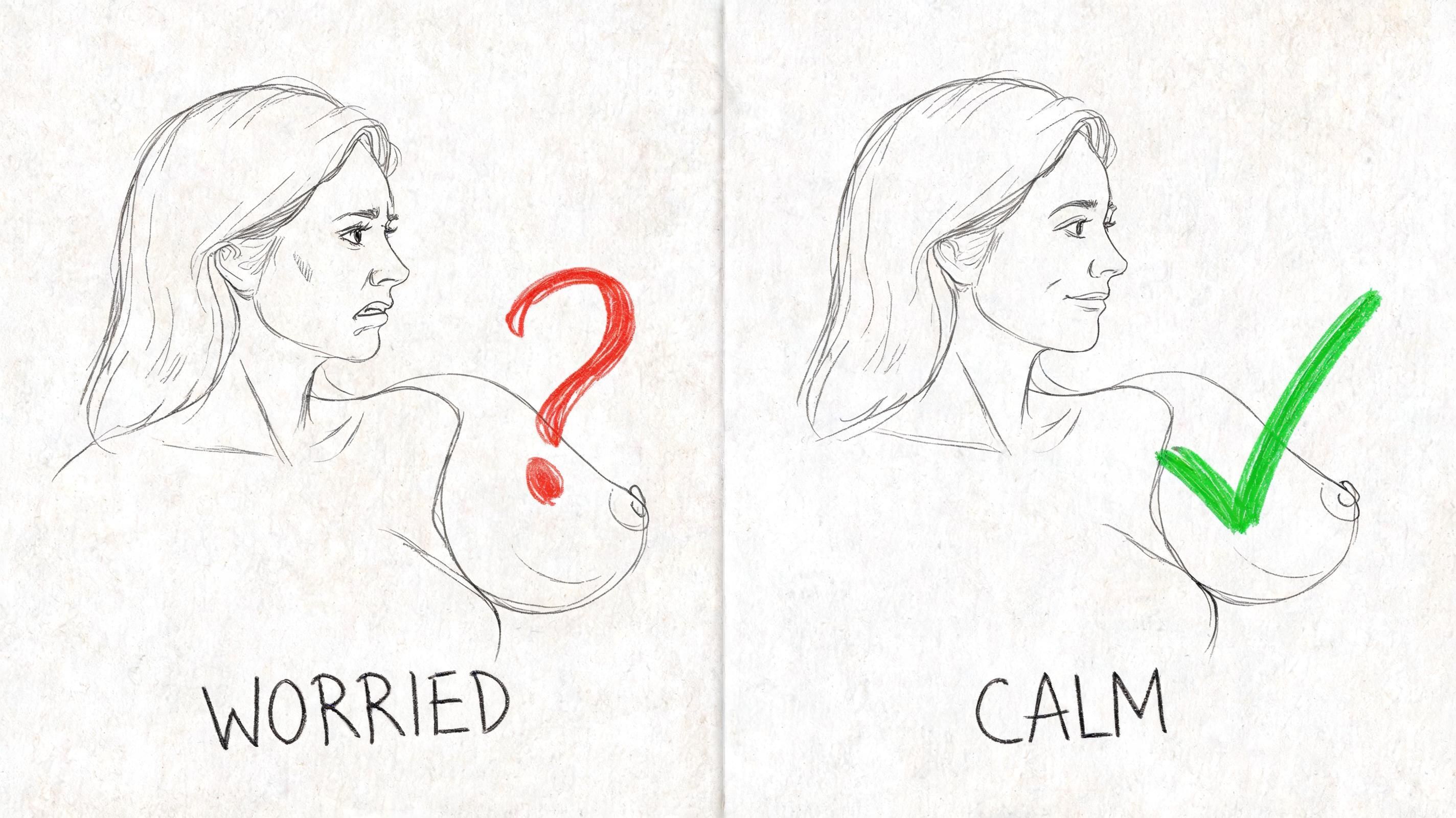 A two-panel illustration comparing a worried woman with breast pain to a calm woman without pain.