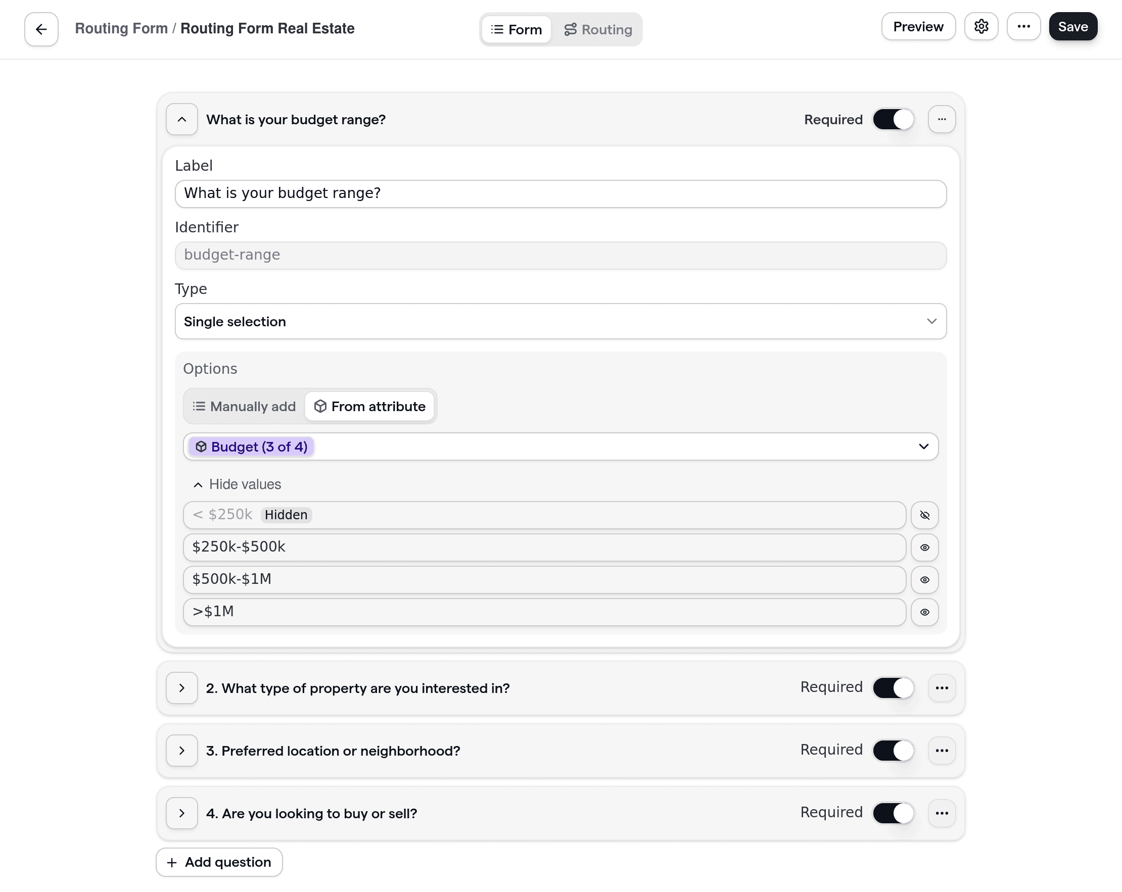 Real estate routing form showing questions about property type, location, and budget to match leads with the right agent.
