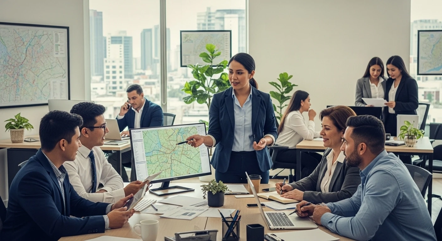 A valley with small buildings surrounded by snow-capped mountains.