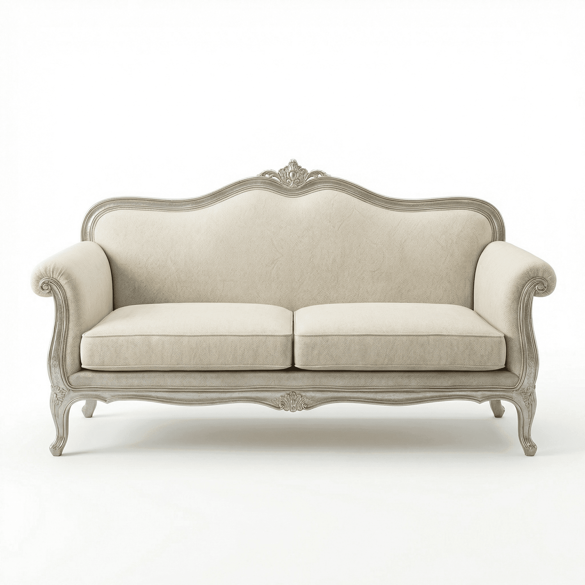 Ornate classic sofa with scrolled silhouette, decorative frame, and formal upholstery