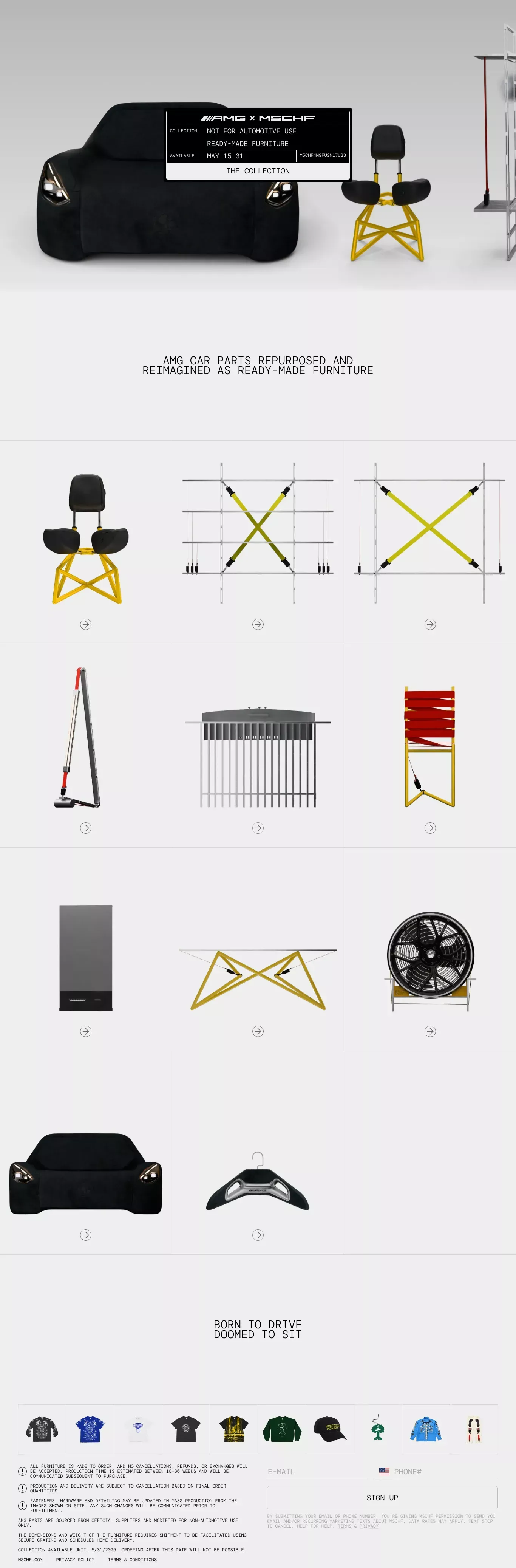MSCHF x AMG Furniture Collection landing page screenshot showcasing Automotive and Fashion design