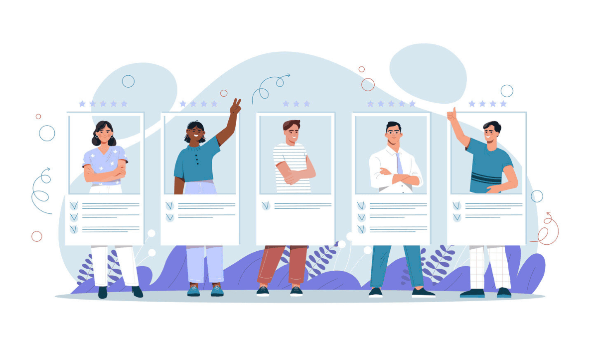Illustration of diverse candidates standing in profile cards with star ratings and checklists.