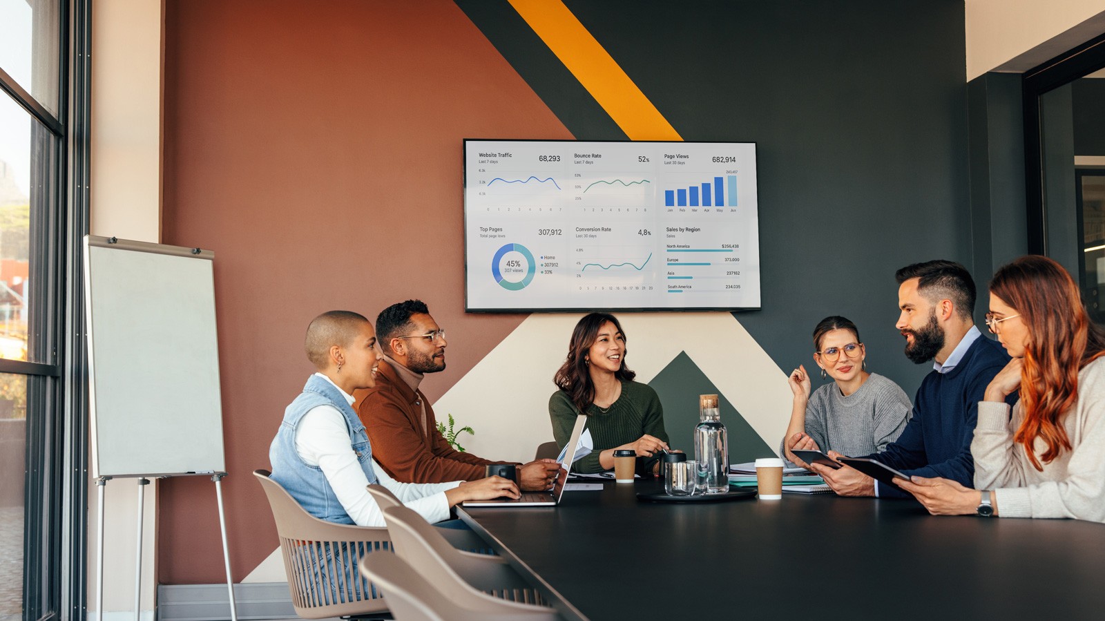 Screensaver showing a company dashboard on the meeting room screen while the display is idle