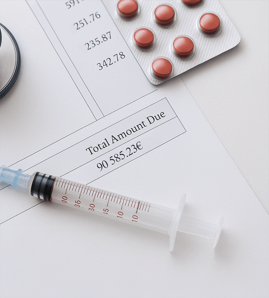 Close-up of hospital financial documents showing high amounts (235.81€, 342.78€, etc.), with medications and a syringe placed on top, symbolizing rising healthcare costs