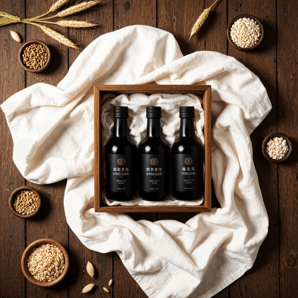 product photography of Traditional fermented vinegar gift set made with white pearl brown rice