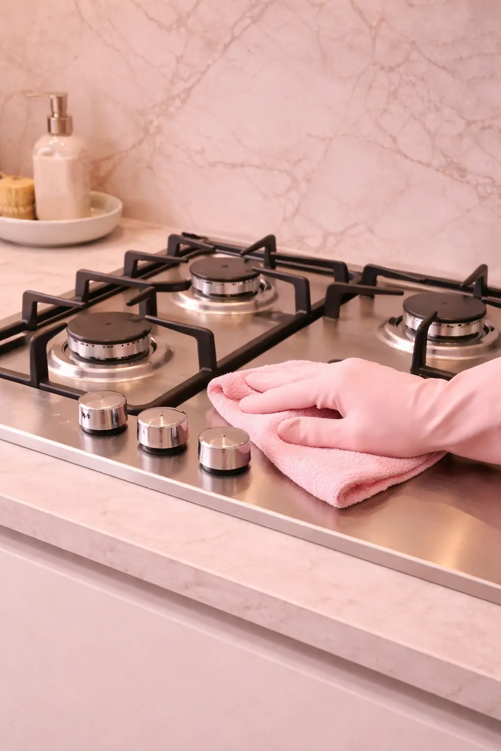 Professional cleaner in pink gloves wiping down a stainless steel gas stovetop, representing a detailed move-in or move-out cleaning service.