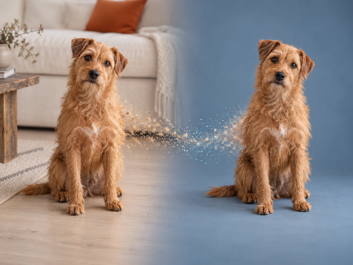 Illustrative clone concept: a real terrier transfers into its neural counterpart through fine particles.