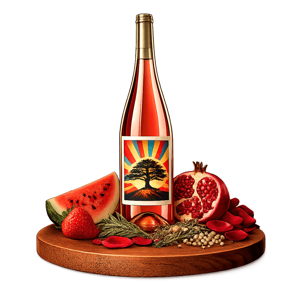 Artistic label and flavor profile for Lebanese Rosé on a rustic wooden table.