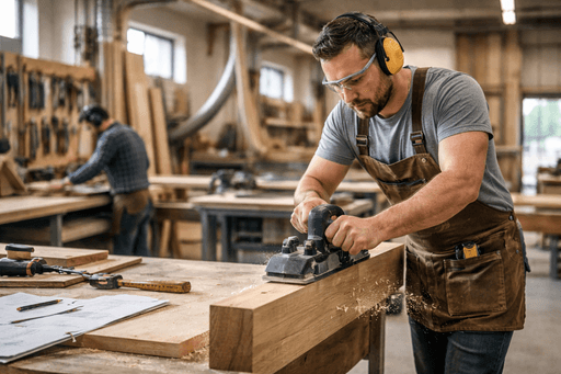 Zimmermann glättet mit einem Elektrohobel einen Holzbalken in einer Werkstatt