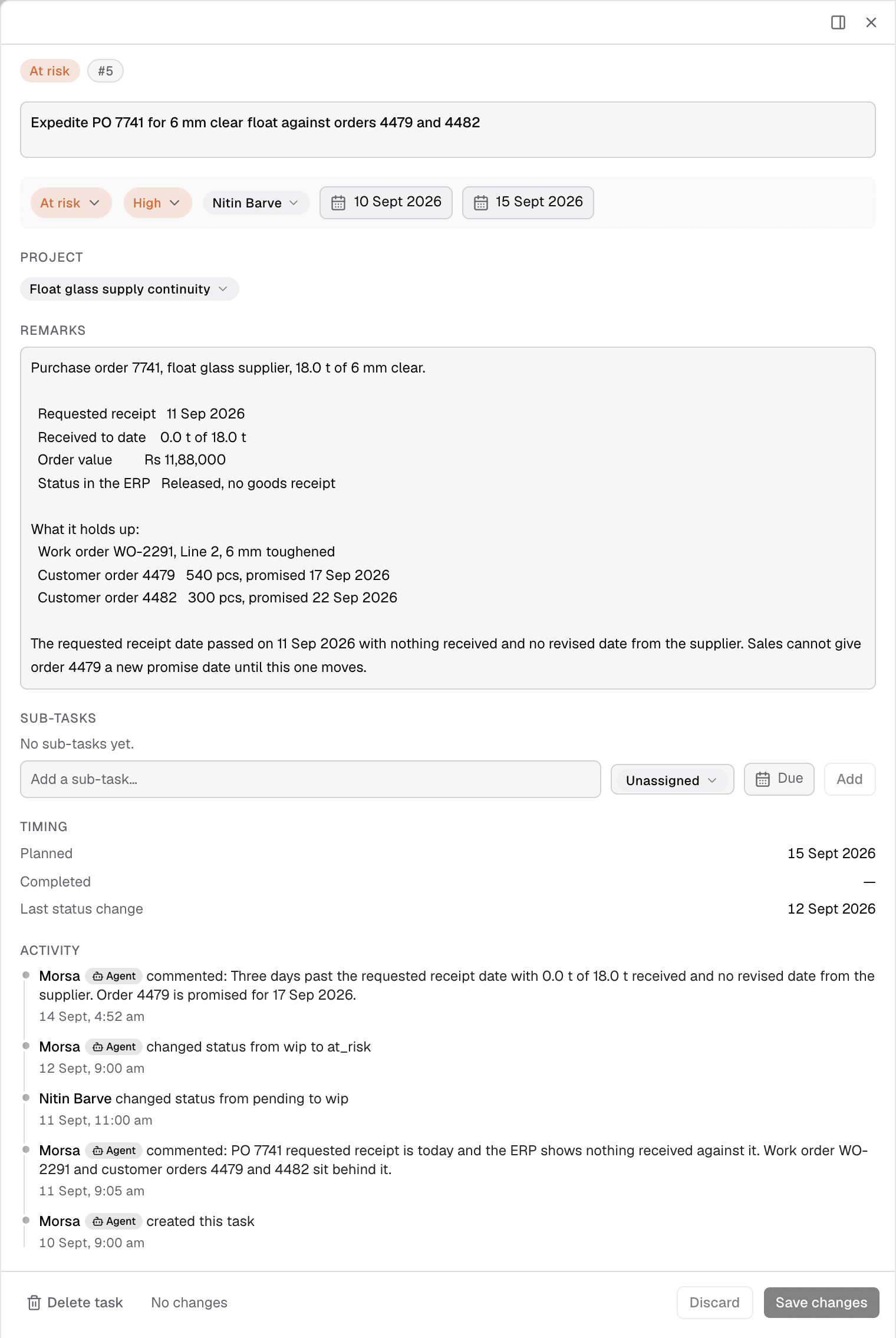 Morsa screen at J4S: the task drawer for an at-risk purchasing commitment, Expedite PO 7741 for 6 mm clear float against orders 4479 and 4482, showing the purchase order with 0.0 of 18.0 tonnes received, the work order and the two customer orders behind it, and an activity trail of Morsa’s dated checks.
