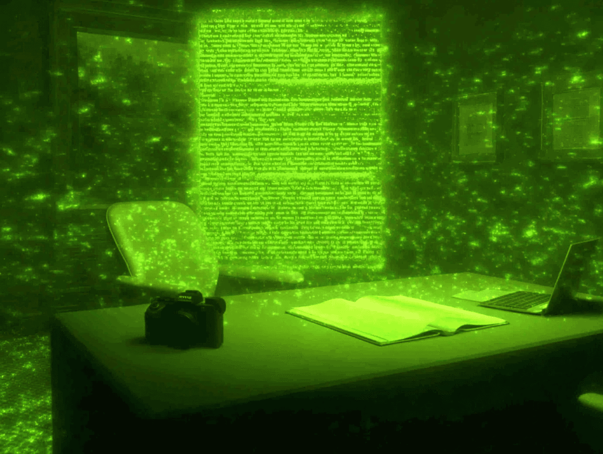Illustration aux tons verts clair représentant un document fait de pixels flottant au-dessus d'un bureau à l'image d'un hologramme.