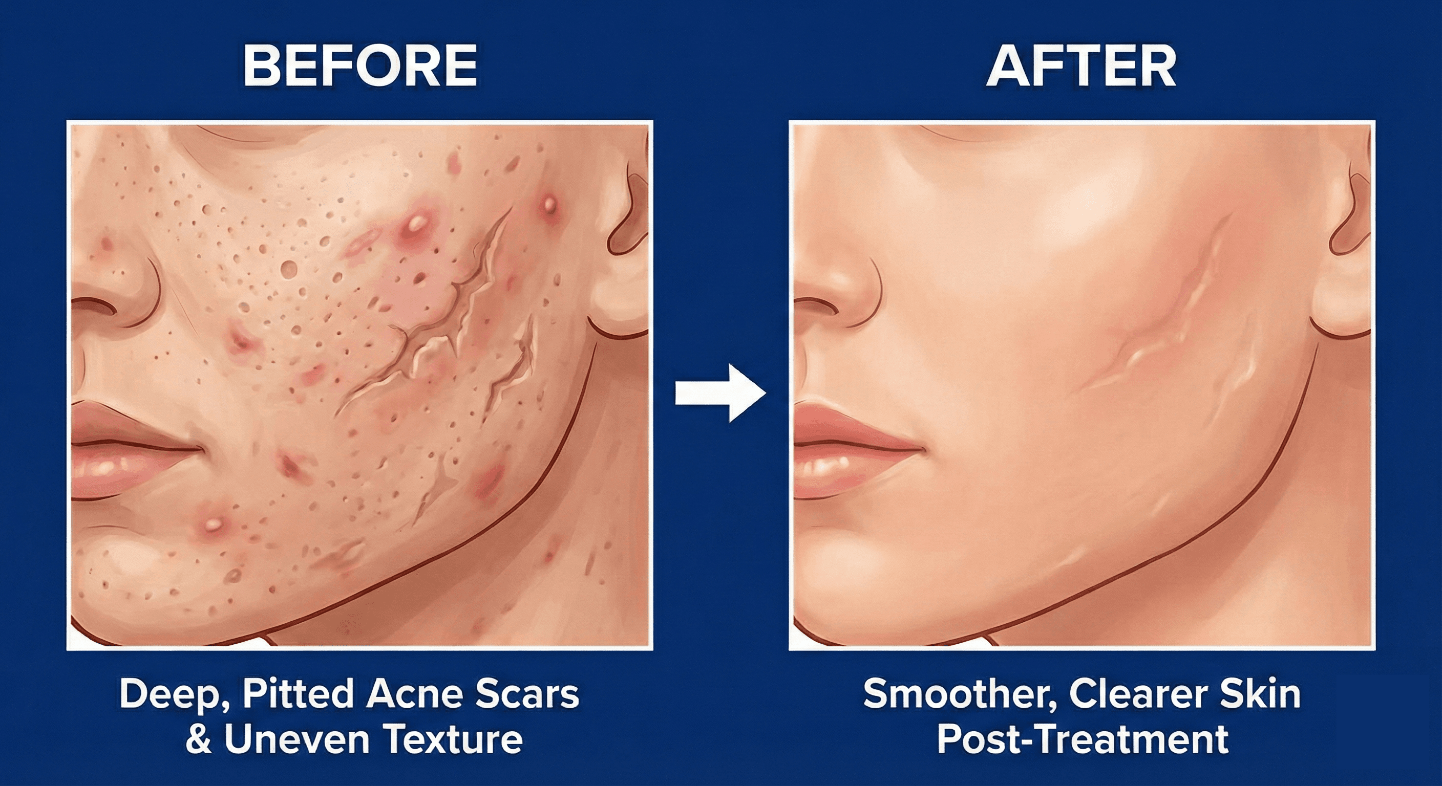 A dramatic "Before and After" comparison showing the successful smoothing of deep, pitted acne scars and uneven skin texture.