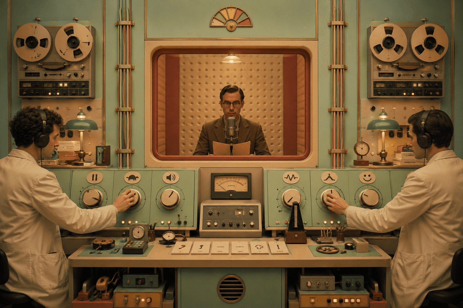 Retro dubbing studio with technicians adjusting analog voice controls while a narrator records in a central booth, representing advanced SSML narration design.