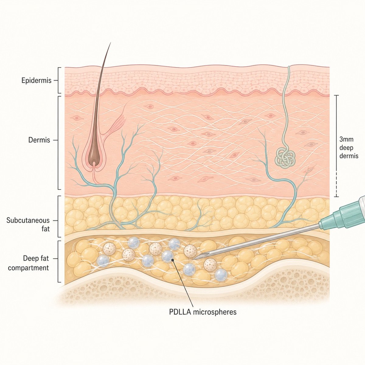 Illustration of Juvelook Volume placed in the deep midface fat compartment with collagen forming in the dermis