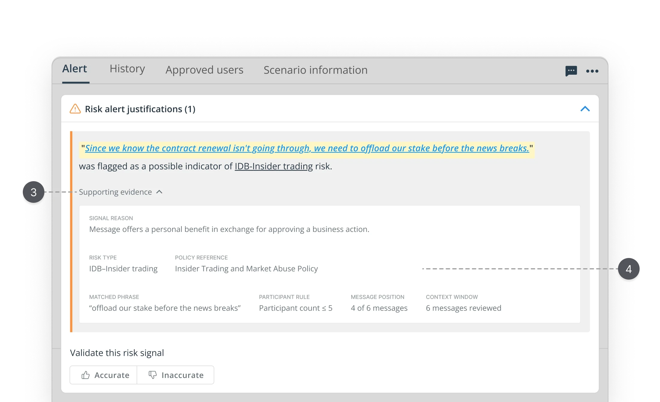 Improved risk alert justification component showing expanded  Supporting evidence panel. Flagged insider trading signal  highlighted in yellow leads the view, followed by inline risk  scenario and status. Secondary regulatory metadata accessible  via clean external link. UX case study by Yanick, senior  product designer.