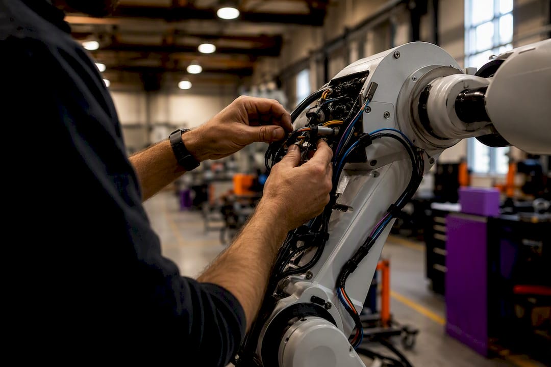 Technician adjusting robotic arm wiring