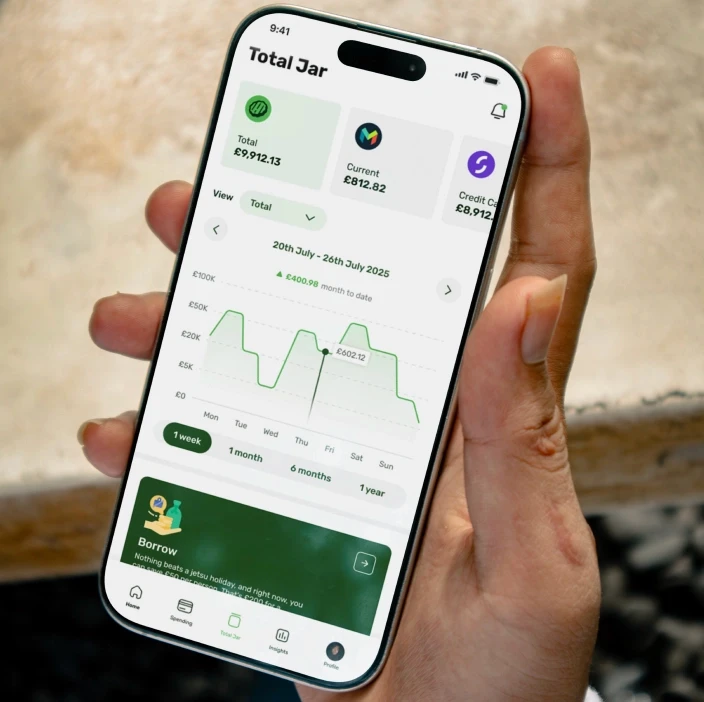 Pickle Total Jar feature on iPhone showing weekly spending graph and balance of £9,912.13 with borrowing options