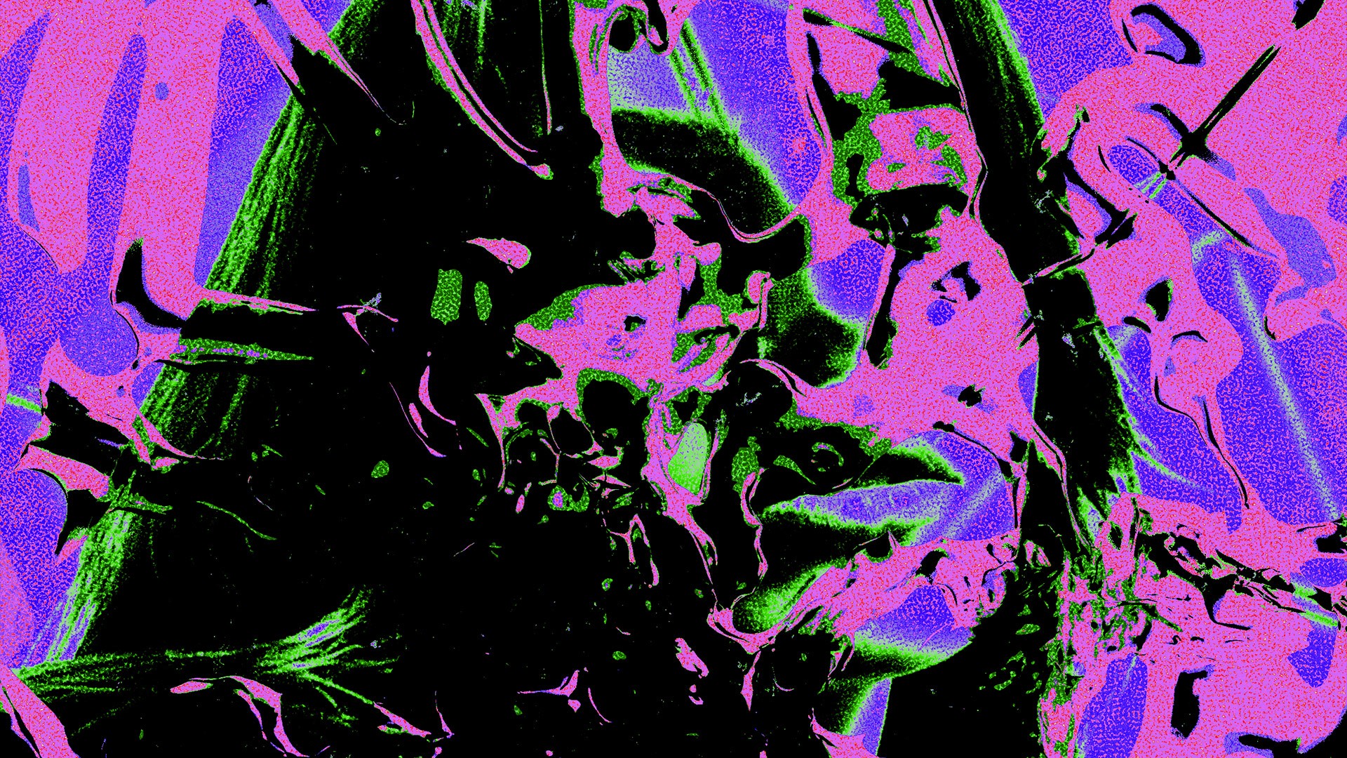 Abstract digital artwork in neon pink, purple, and green tones depicting a distorted face.