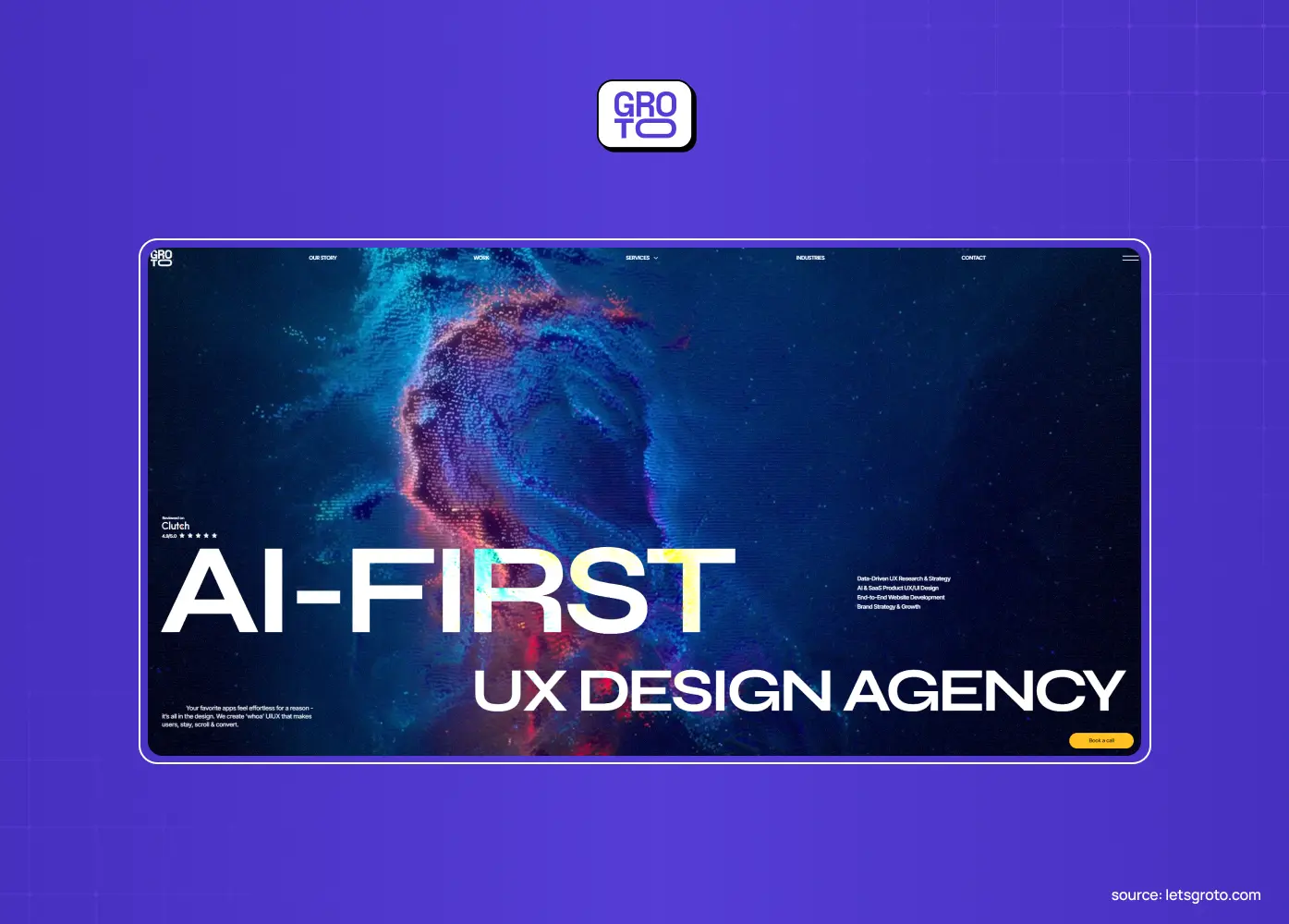 AI-first UX design agency homepage with a striking digital human visual, bold typography, and futuristic dark-blue aesthetic.
