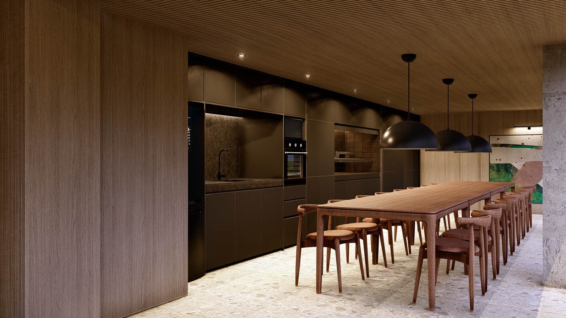 Cocina industrial moderna con equipamiento completo en SUM de edificio en Núñez