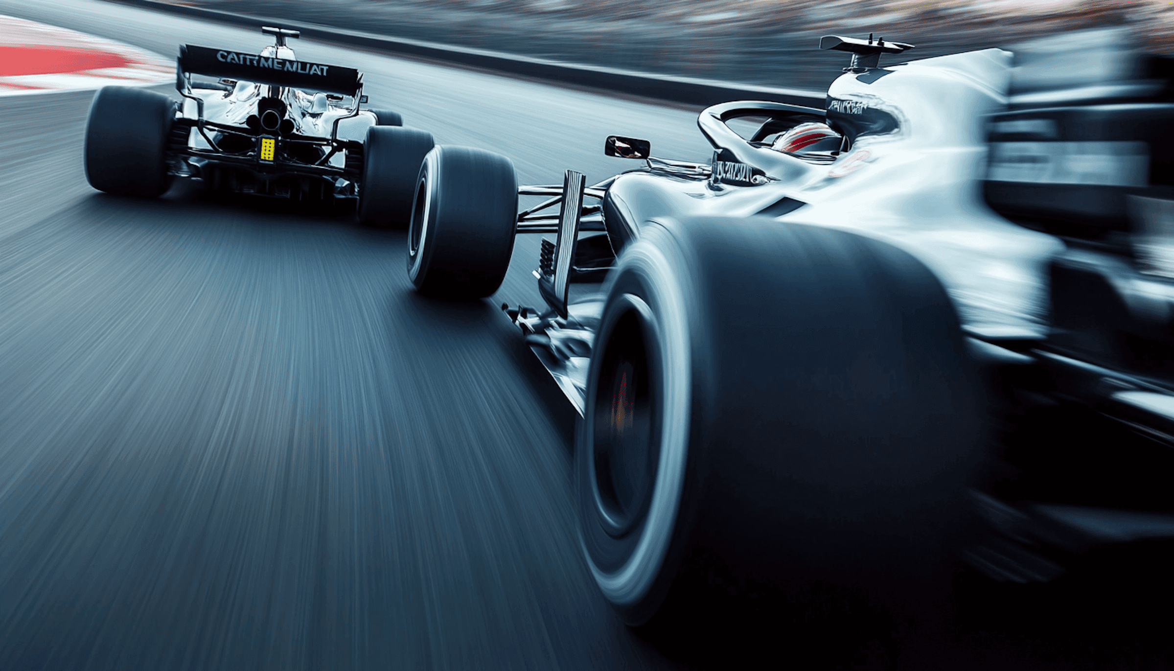 Close chase shot between two Formula race cars