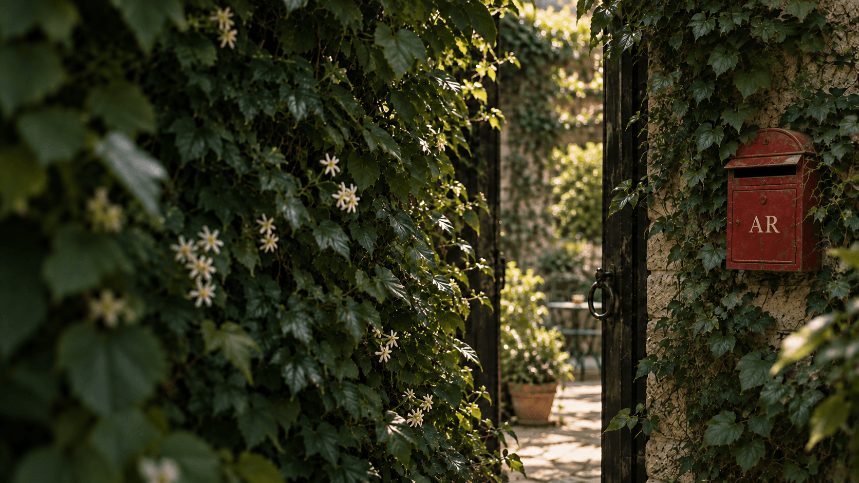 Entrada a un jardín con follaje y buzón postal rojo