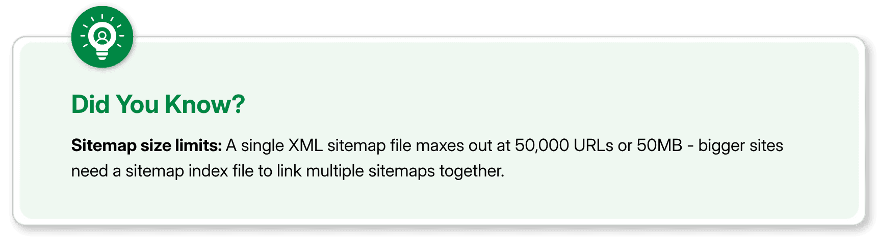 XML sitemap size limits of 50,000 URLs or 50MB per file.