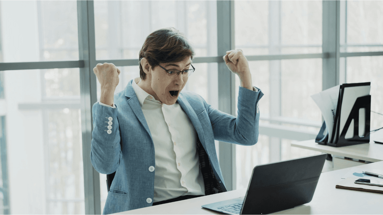 Business owner happy for the win trough marketing his company made