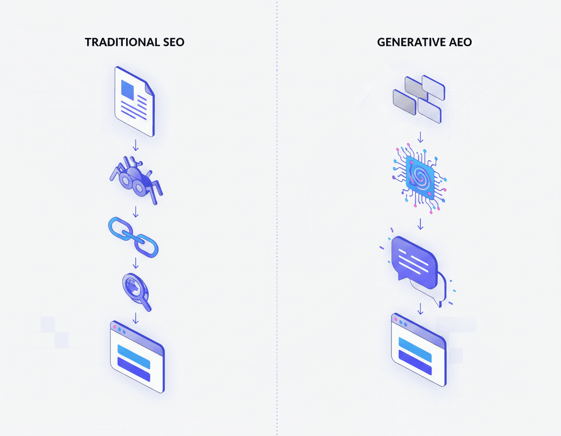 Side-by-side illustration contrasting page-level SEO ranking flow with chunk-level answer engine ranking process.