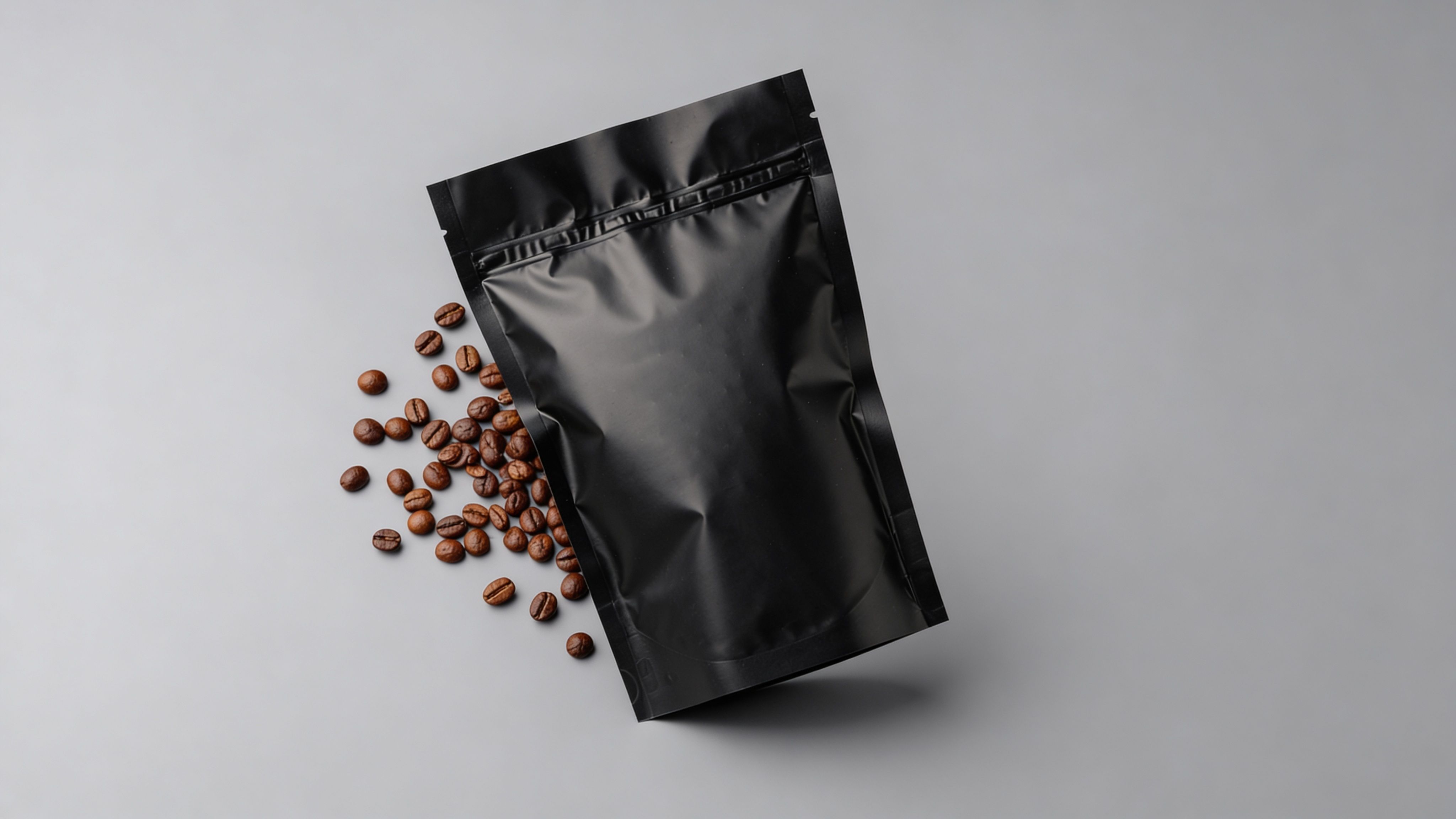 Black matte stand-up coffee pouch with zipper beside scattered roasted coffee beans on gray