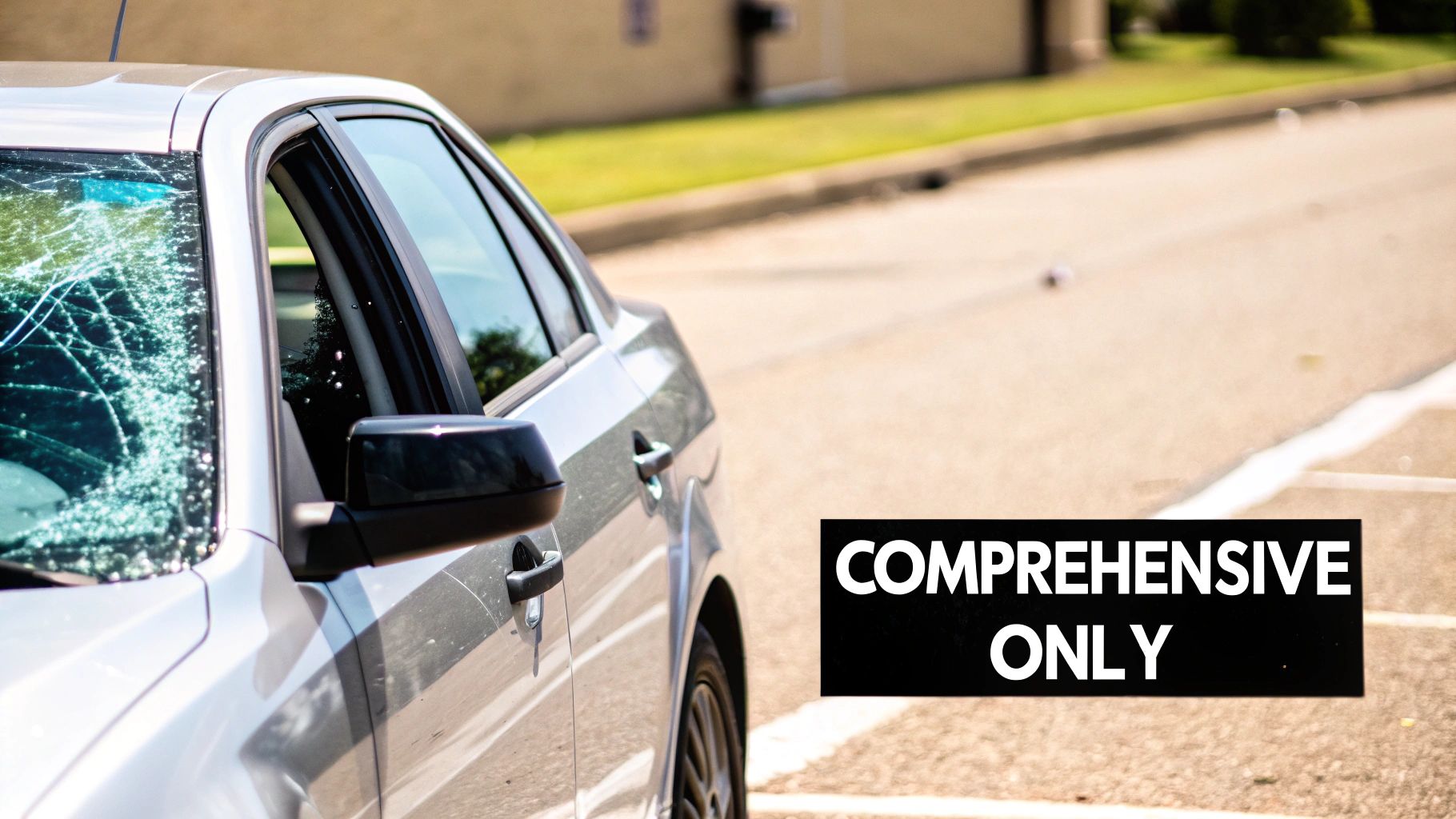 A close-up of a silver car with a shattered windshield, parked on a street.