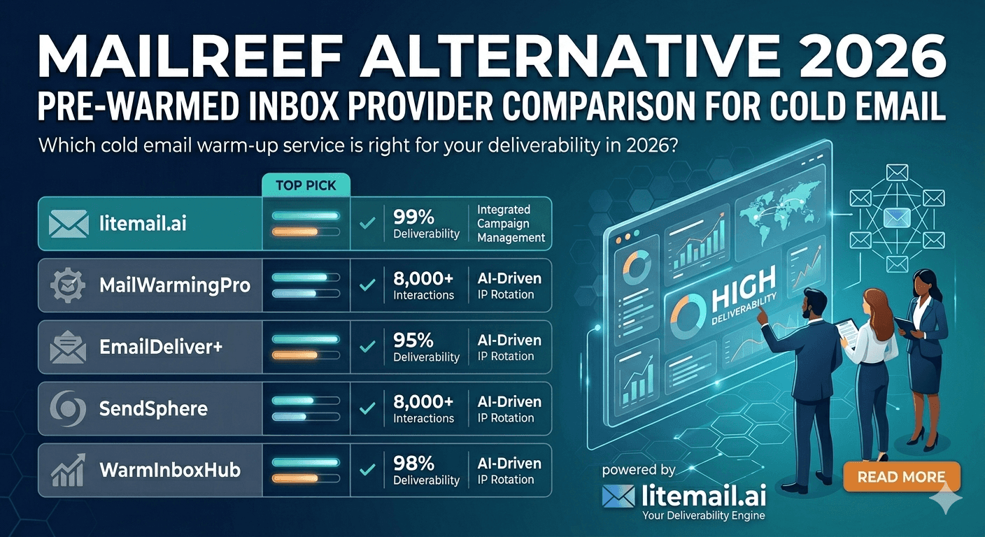 Mailreef vs Litemail pre-warmed inbox comparison table with placement rate and pricing columns