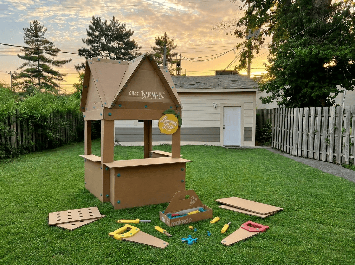 Cardboard play structure and construction tools for camper builds.