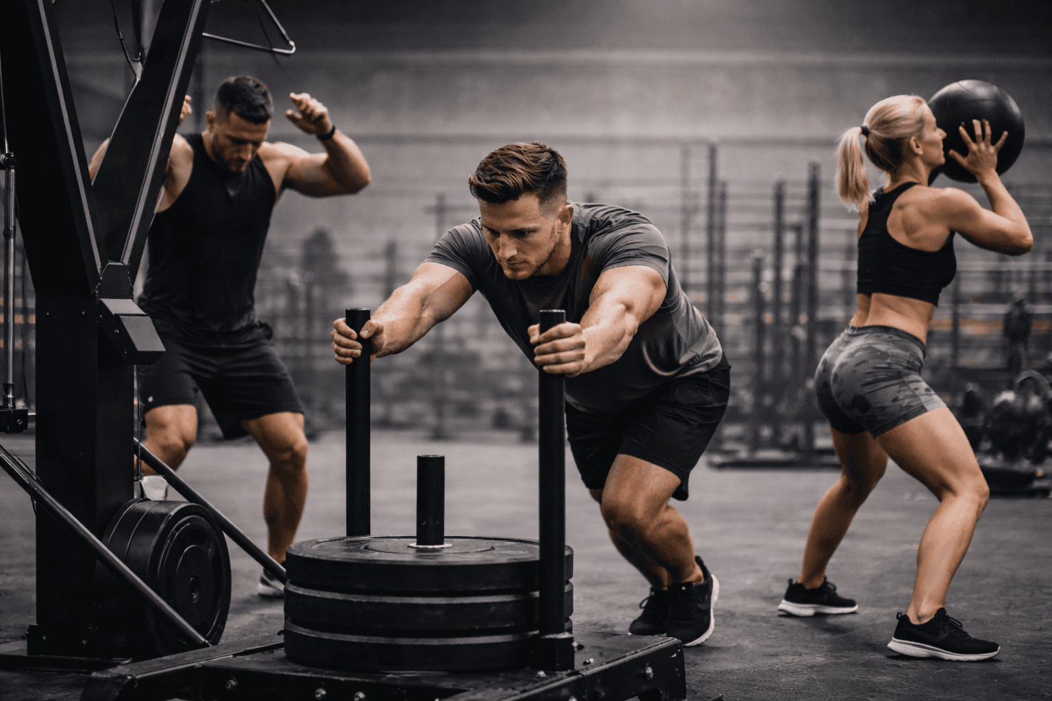 White marble sculpture of a muscular figure in motion, adorned with golden laurel leaves, holding a discus, against a deep red background.
