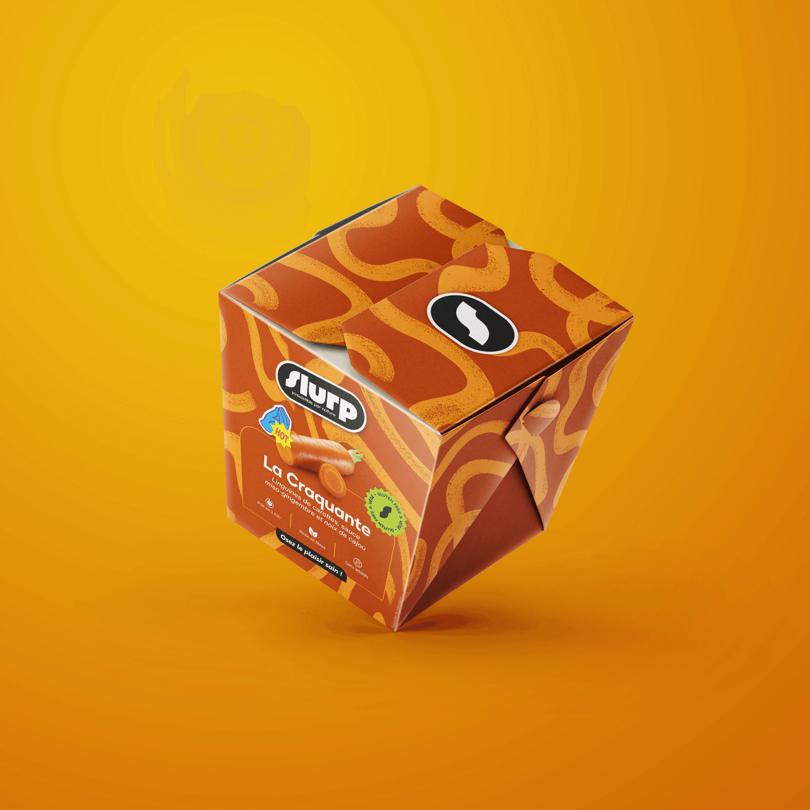 Box repas Slurp, packaging orange, présentation des linguines de légumes