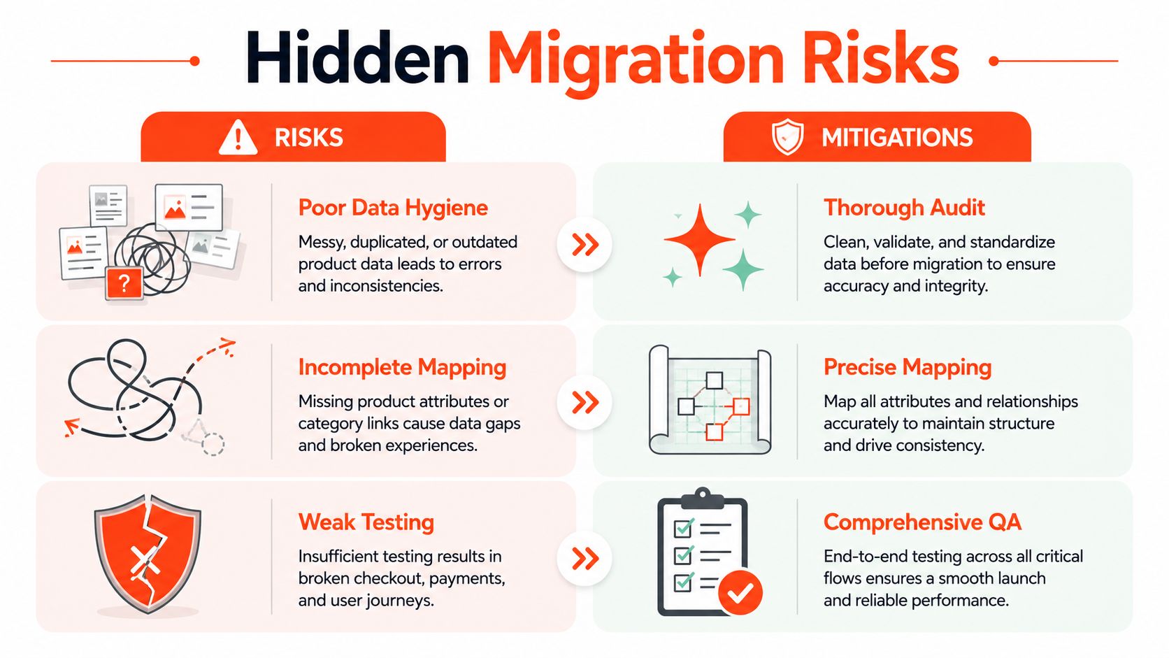 A comparison chart showing common migration risks like poor data and weak testing alongside their recommended solutions.