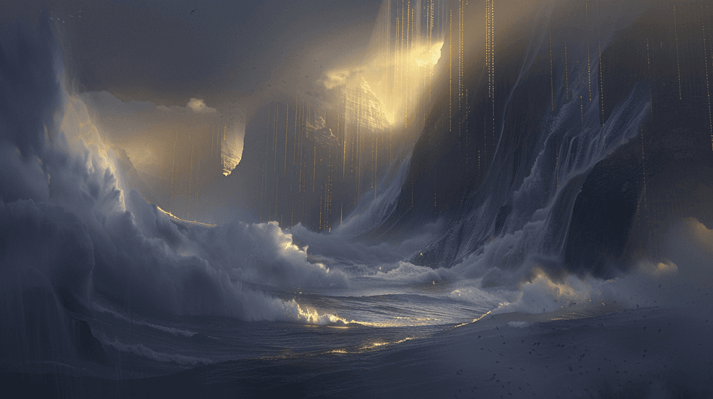 Dramatic clouds in shades of gray and blue, illuminated by soft, warm light breaking through the dark sky.